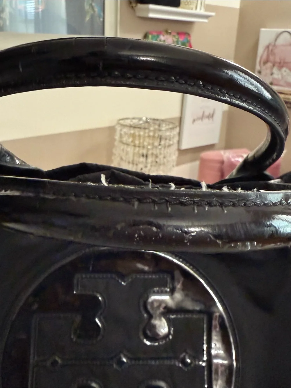 Tory Burch Ella Black Patent Logo nylon Tote